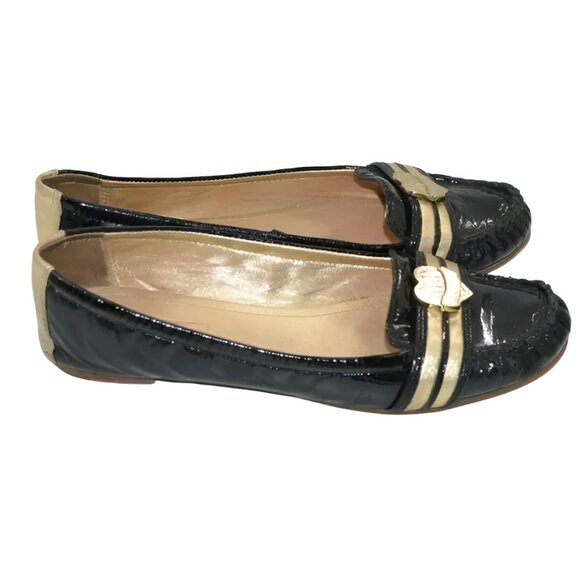 Coach Poppy Black Patent Leather Metallic Gold Logo Heart Flats Loafers Shoes 8 - Picture 2 of 9